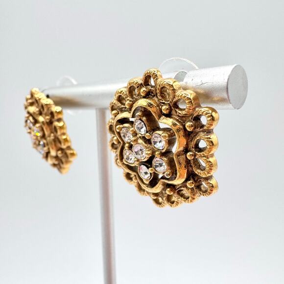 Vintage 1928 Crystal Rhinestone Filigree Lace Openwork Romantic Stud Earrings - Picture 4 of 9